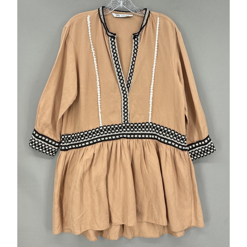 Zara Dress‎ Medium Linen Beige Embroidered Swing Boho Mini 3/4 Sleeve